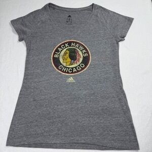Adidas Chicago Blackhawks T-Shirt Women's L Gray NHL V-Neck Short Sleeve Hockey
